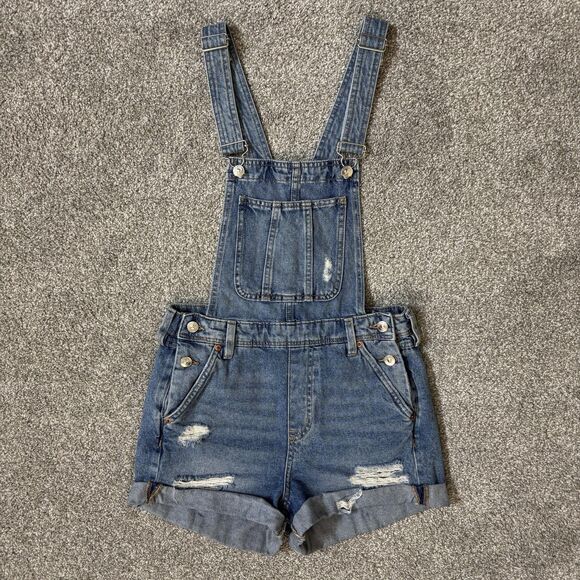 H&M Divided Denim Shortalls Womens 2 Blue Distressed Rolled Cuff Overalls - Picture 1 of 12